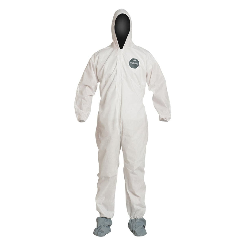 White DuPont ProShield 10 Coveralls with Hood, Booties, and Serged Seams  |  25 Pack