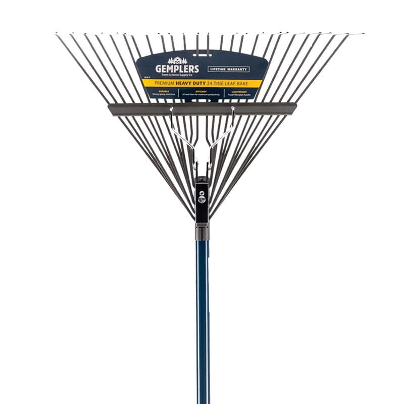 Closeup of Gemplers 24-Tine Leaf Rake, Fiberglass Handle | 12 Pack