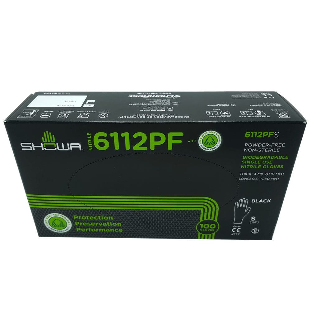 SHOWA 6112PF 4-mil Biodegradable Black Nitrile Gloves