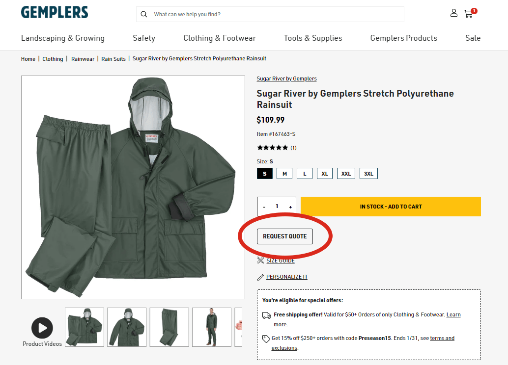 Screenshot of product page with Bulk Quote button circled
