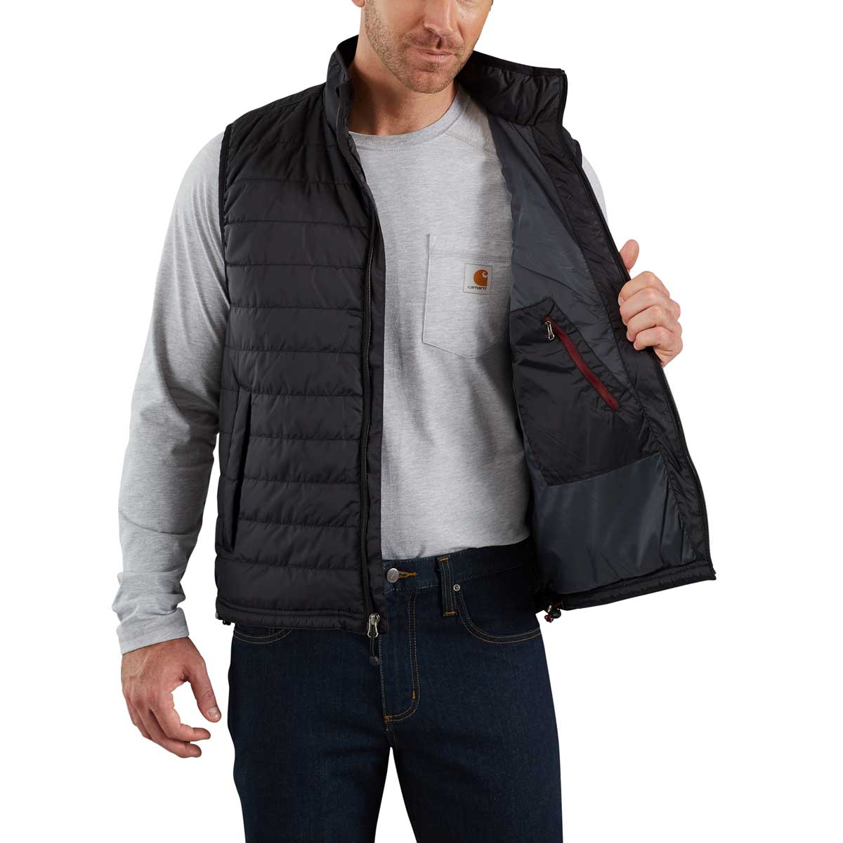 Black Carhartt K128 Classic Long-Sleeve Henley Shirt on model