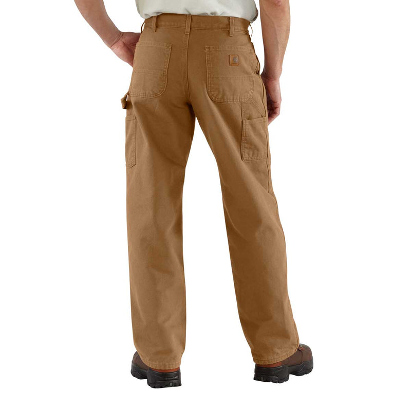 Back of Carhartt B111 Loose Fit Washed Duck Flannel-Lined Utility Work Pant on model