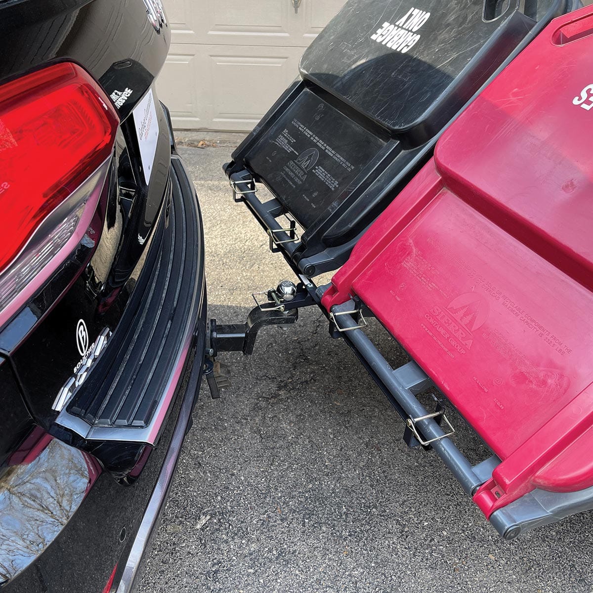 Dual-Can Garbage Can Hauling Hooks, Ball Mounted In Use+++Dual-Can Garbage Can Hauling Hooks, Ball Mounted In Use