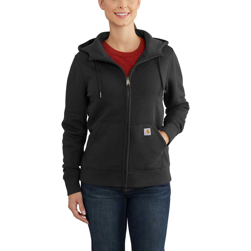 Front of Carhartt Women's Relaxed Fit Midweight Full Zip Hooded Sweatshirt on model