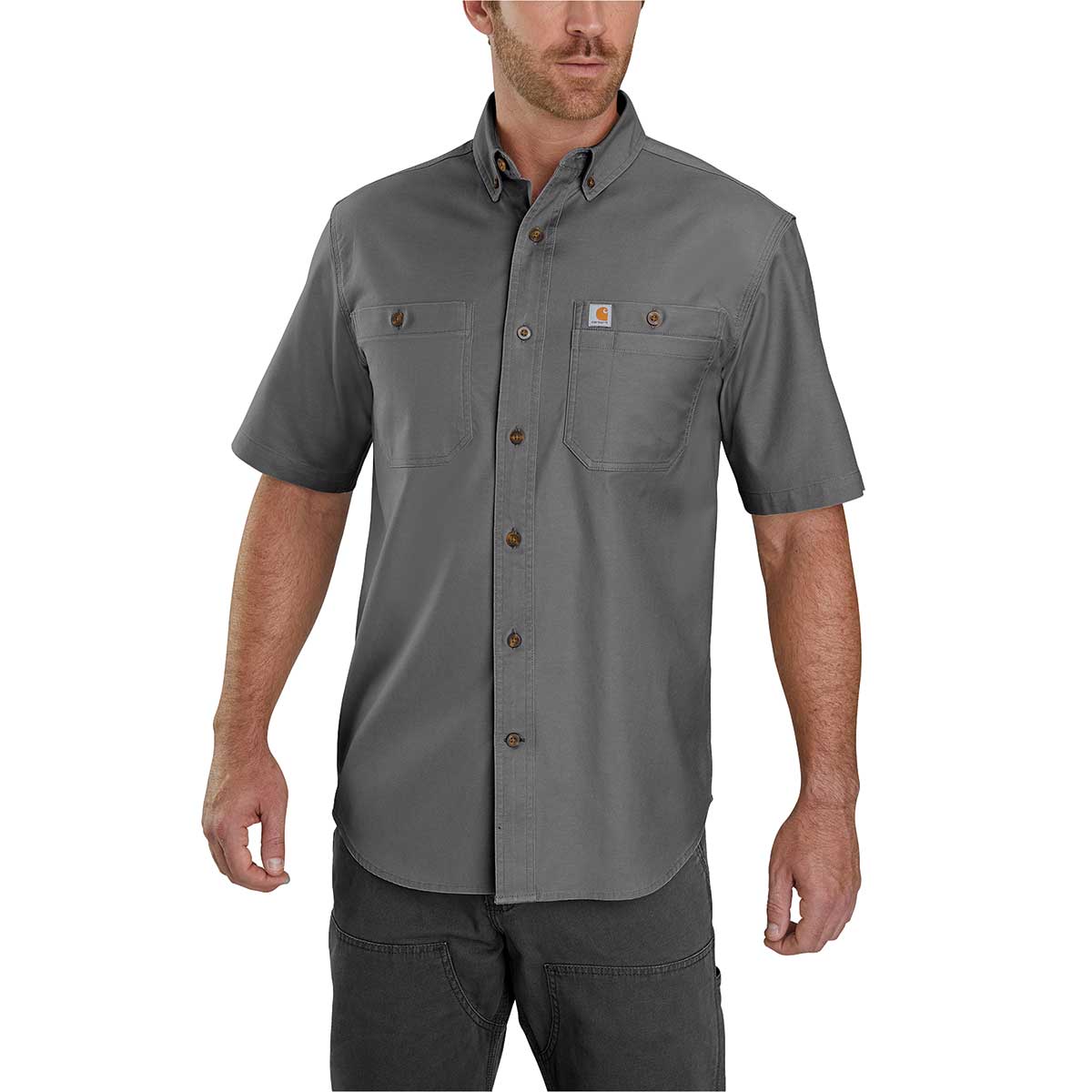 Carhartt Men's Rugged Flex Relaxed Fit Midweight Canvas Short Sleeve Shirt on model
