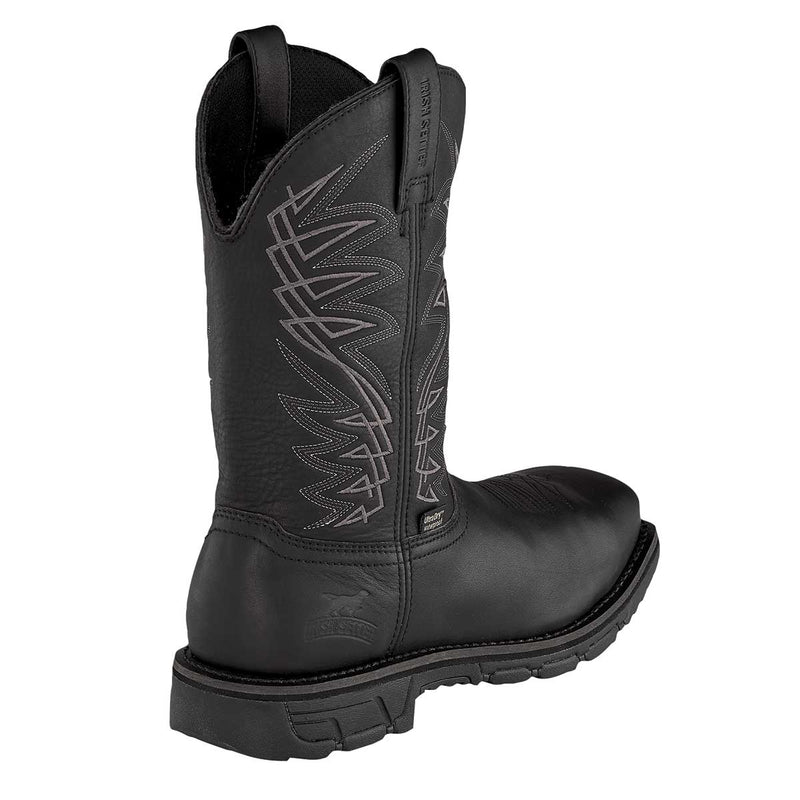 Closeup of the heel of the black Irish Setter Men's Marshall 11" Steel Toe Pull-On Boots
