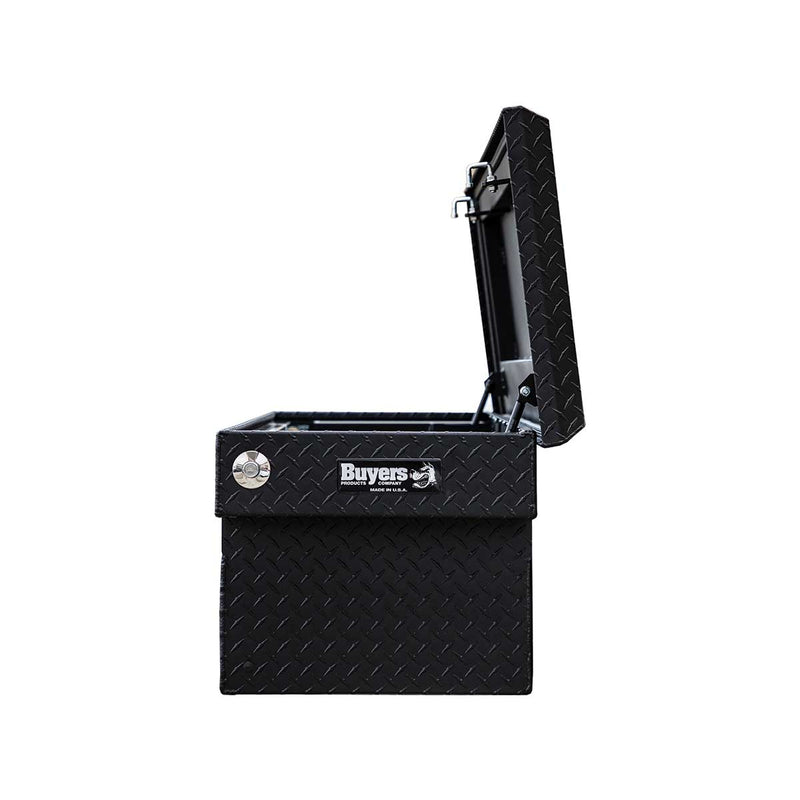 Side view of the matte black Diamond Tread Aluminum Crossover Truck Tool Box