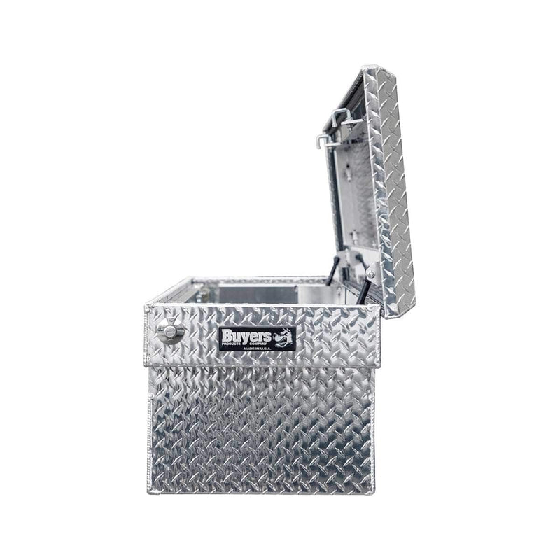 Side view of the silver aluminum Diamond Tread Aluminum Crossover Truck Tool Box