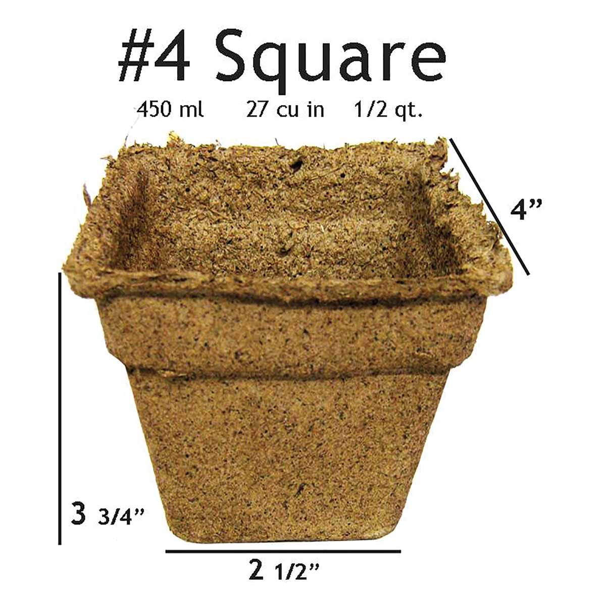 Image of #4 Square CowPots 450mL/cell with dimensions shown
