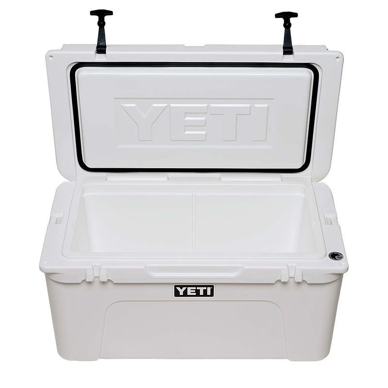 White YETI Tundra 65 Cooler with Lid Open