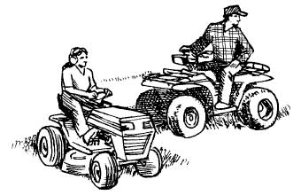Two people driving lawn mower and ATV not looking where they are going