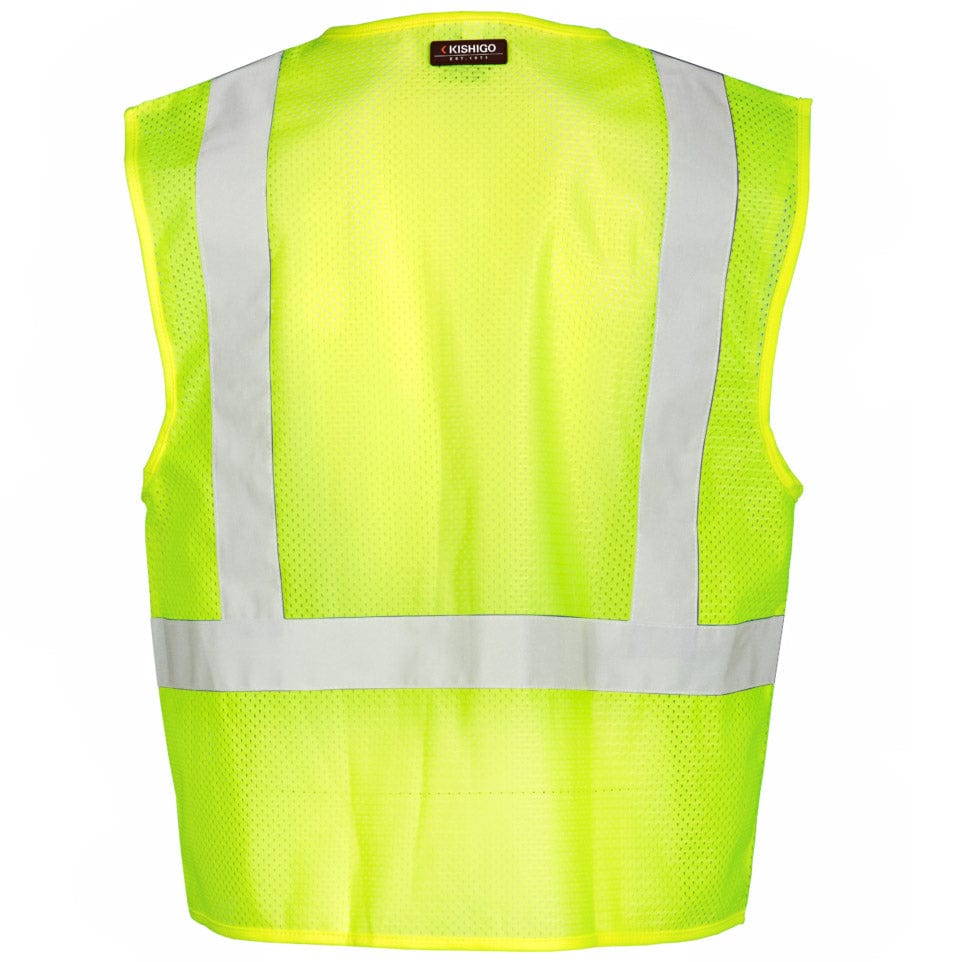 View of the back of the lime Kishigo ANSI Class 2 Ulta-Cool Mesh 1-Pocket Hi-Vis Safety Vest