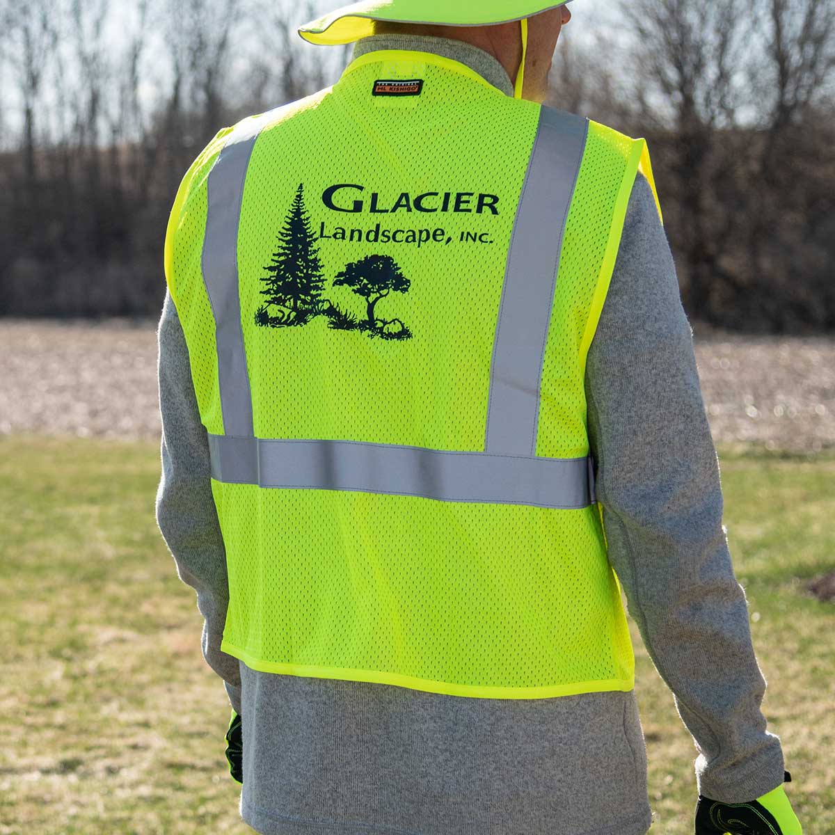 View of the back of the Kishigo ANSI Class 2 Ulta-Cool Mesh 1-Pocket Hi-Vis Safety Vest