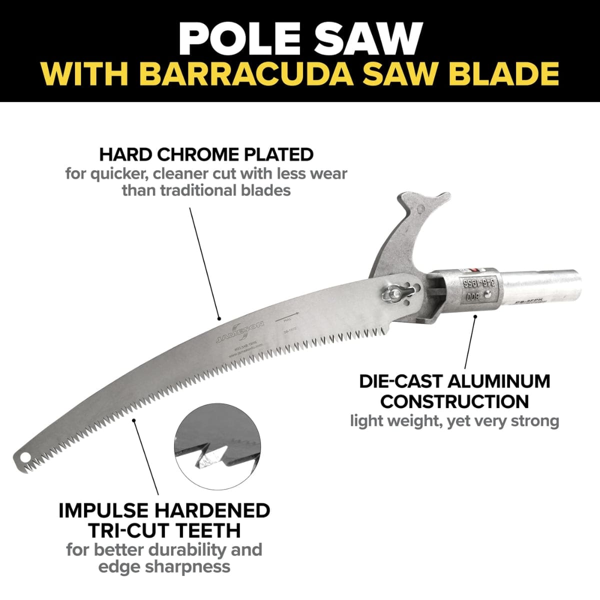 Pole saw with Barracuda saw blade on a white background with text highlighting features.