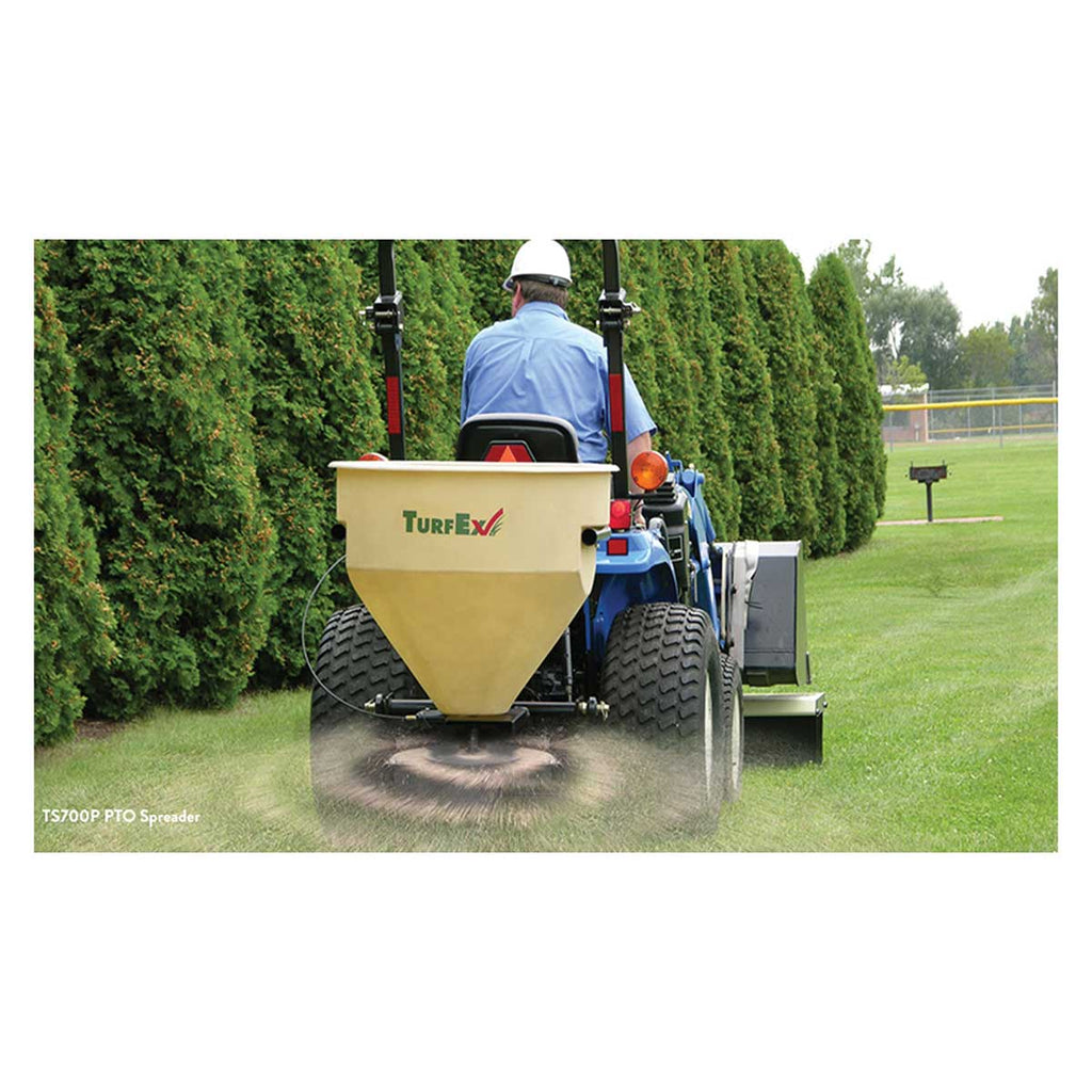 TURFEX 7 cu. ft.,  Equipment Mounted Spreader, TS700P In Use+++TURFEX 7 cu. ft.,  Equipment Mounted Spreader, TS700P In Use