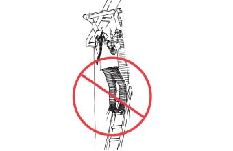 Person standing too high on a ladder leaning against a building