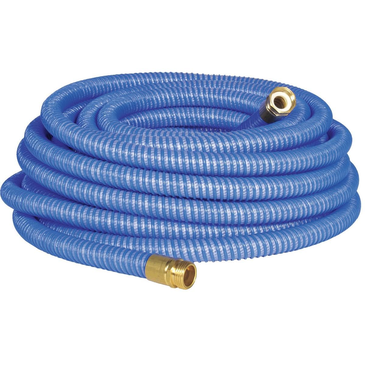 Coiled up, kink-free garden hose with brass fittings.