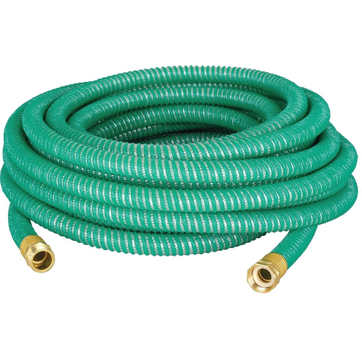 Green, lightweight garden hose with brass fittings.