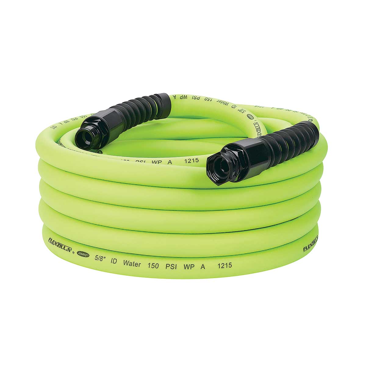 Green Flexzilla water hose with leak-free connections.