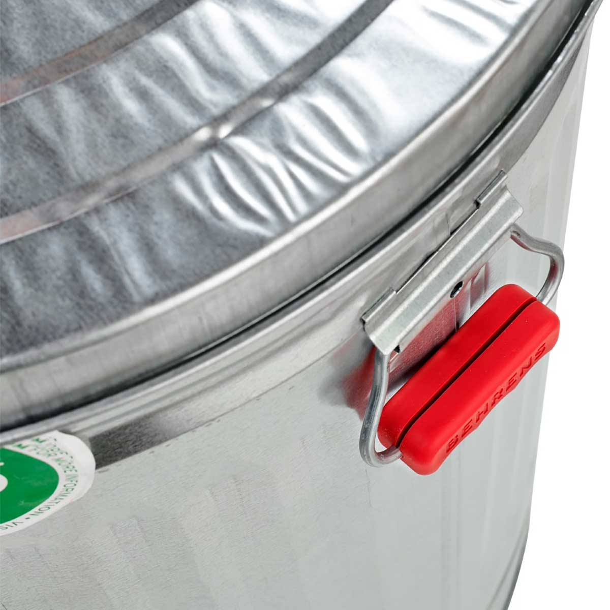 Closeup of the handle on Behrens Galvanized Trash Can