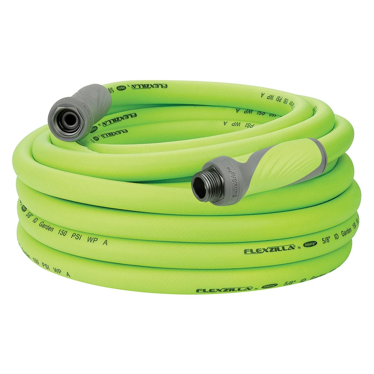 Coiled green Flexzilla water hose with swiveling fittings for easier watering.