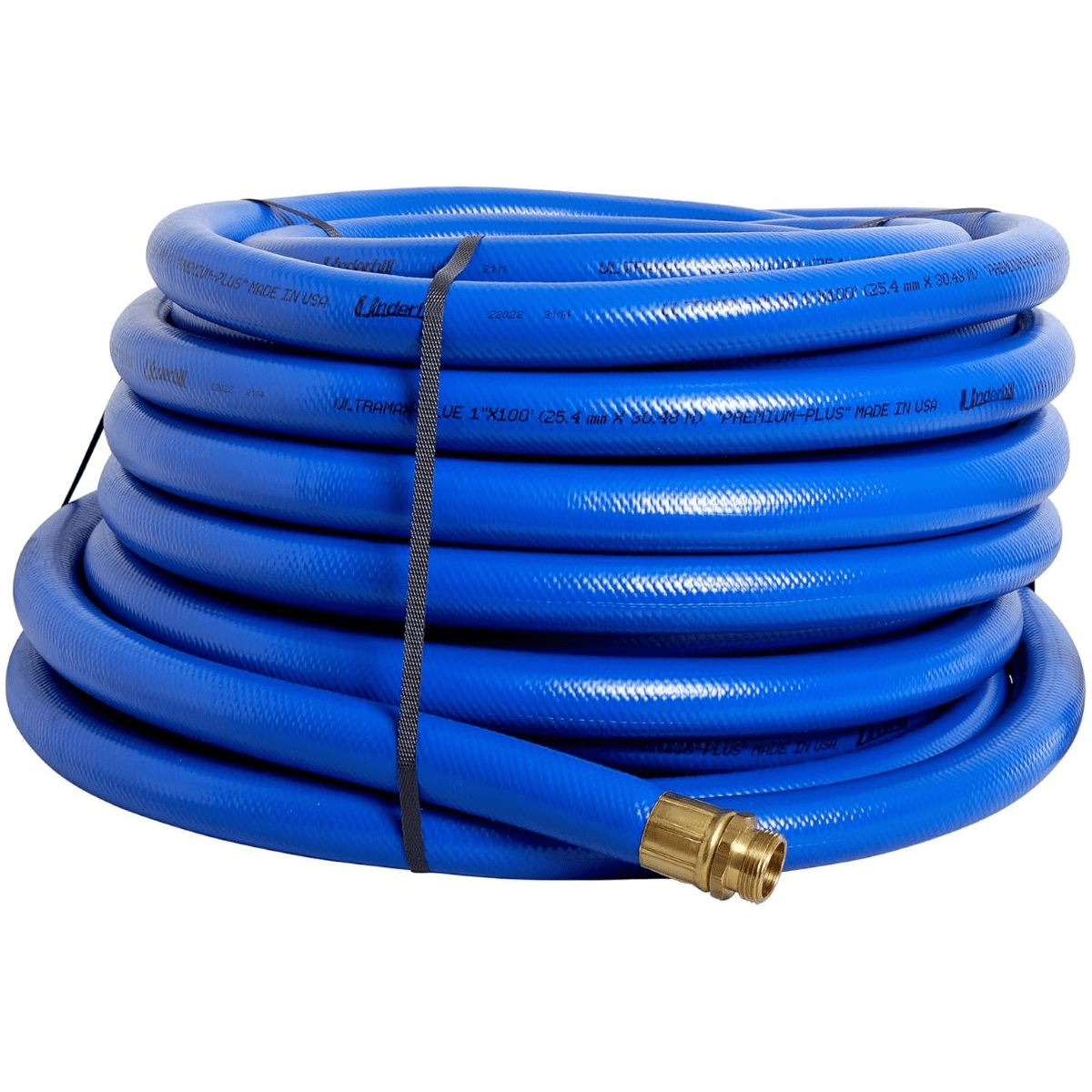 Coiled blue garden hose with brass fittings.