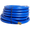 Coiled blue garden hose with brass fittings.