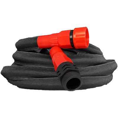 Expandable black garden hose for big jobs in tight spaces. Plastic fittings.