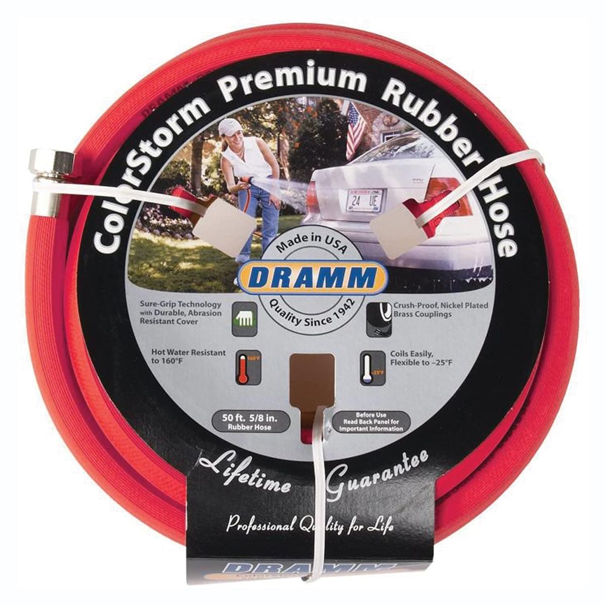 Red Dramm ColorStorm rubber garden hose.