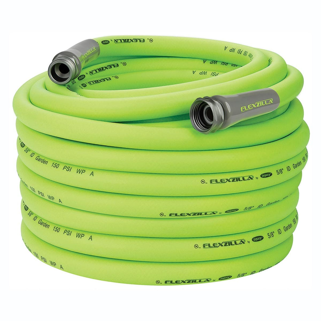 A coiled green Flexzilla garden hose with metallic fittings at both ends.