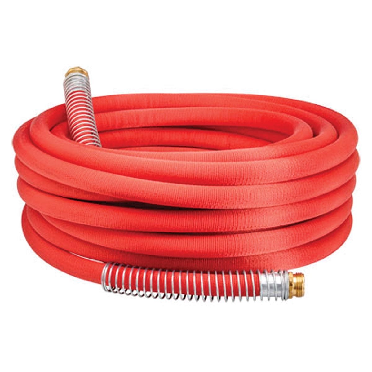 Lightweight red water hose for professional turf maintenance.