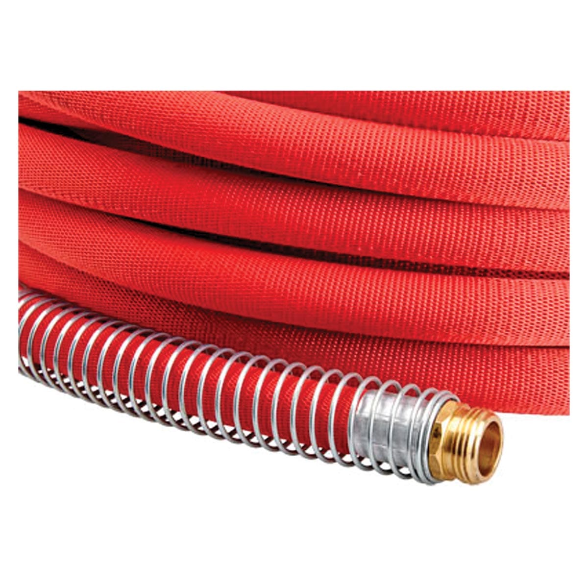 Red water hose with brass fittings.