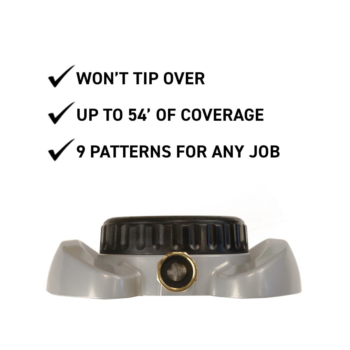 Gemplers 9-Pattern Turret Sprinkler with listed benefits, won't tip over, up to 54 feet of coverage, 9 patterns for any job