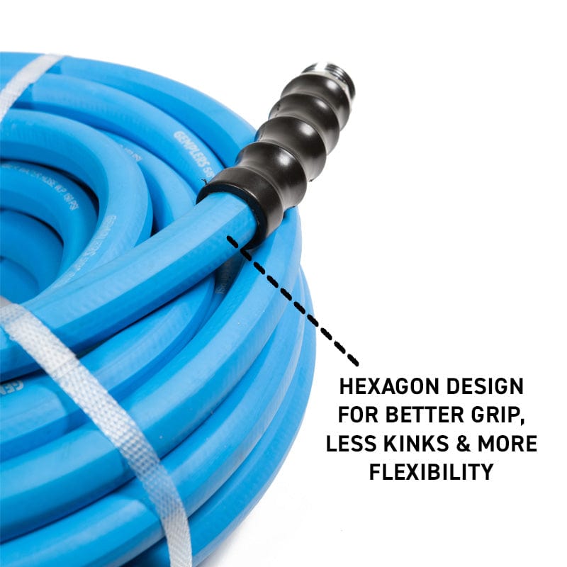 Blue hose features hexagonal design for better grip, fewer kinks, and more flexibility.