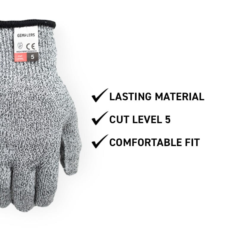 Gemplers Cut Resistant Gloves with listed benefits, lasting material, cut level 5, comfortable fit