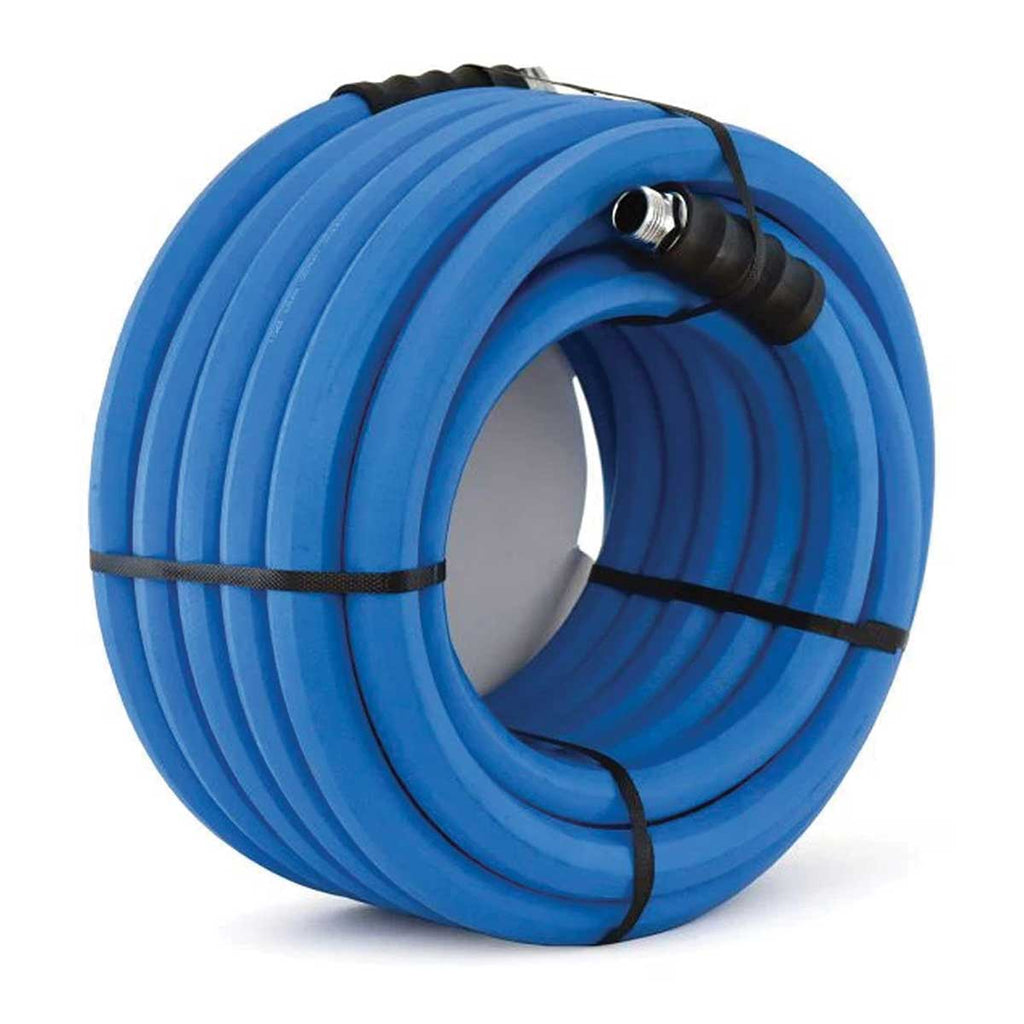Coiled blue professional rubber hose with black fittings.