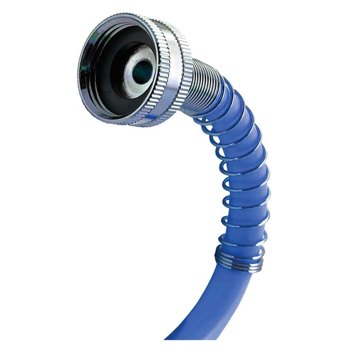 Durable fittings on coiled watering hose.