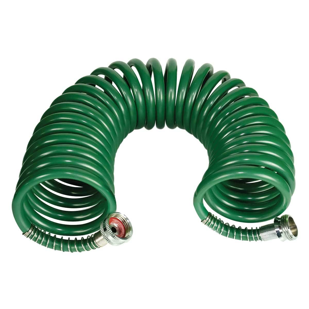 Green coiled hose for extending your watering reach in professional settings.