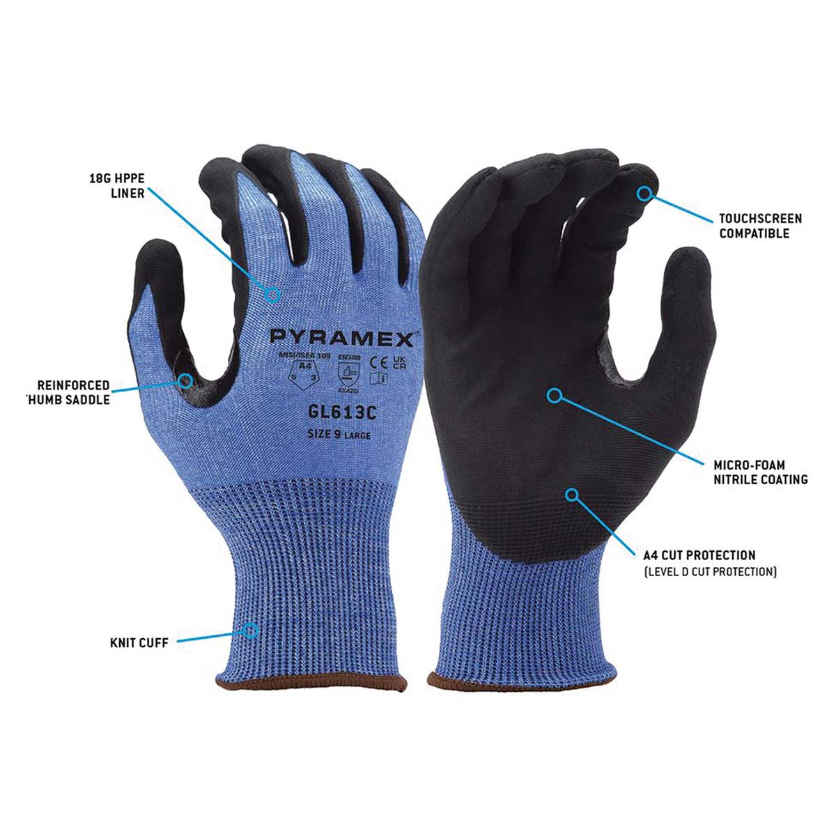 Pyramex GL613C Micro-Foam Nitrile Coated A4 Cut-Resistant Gloves