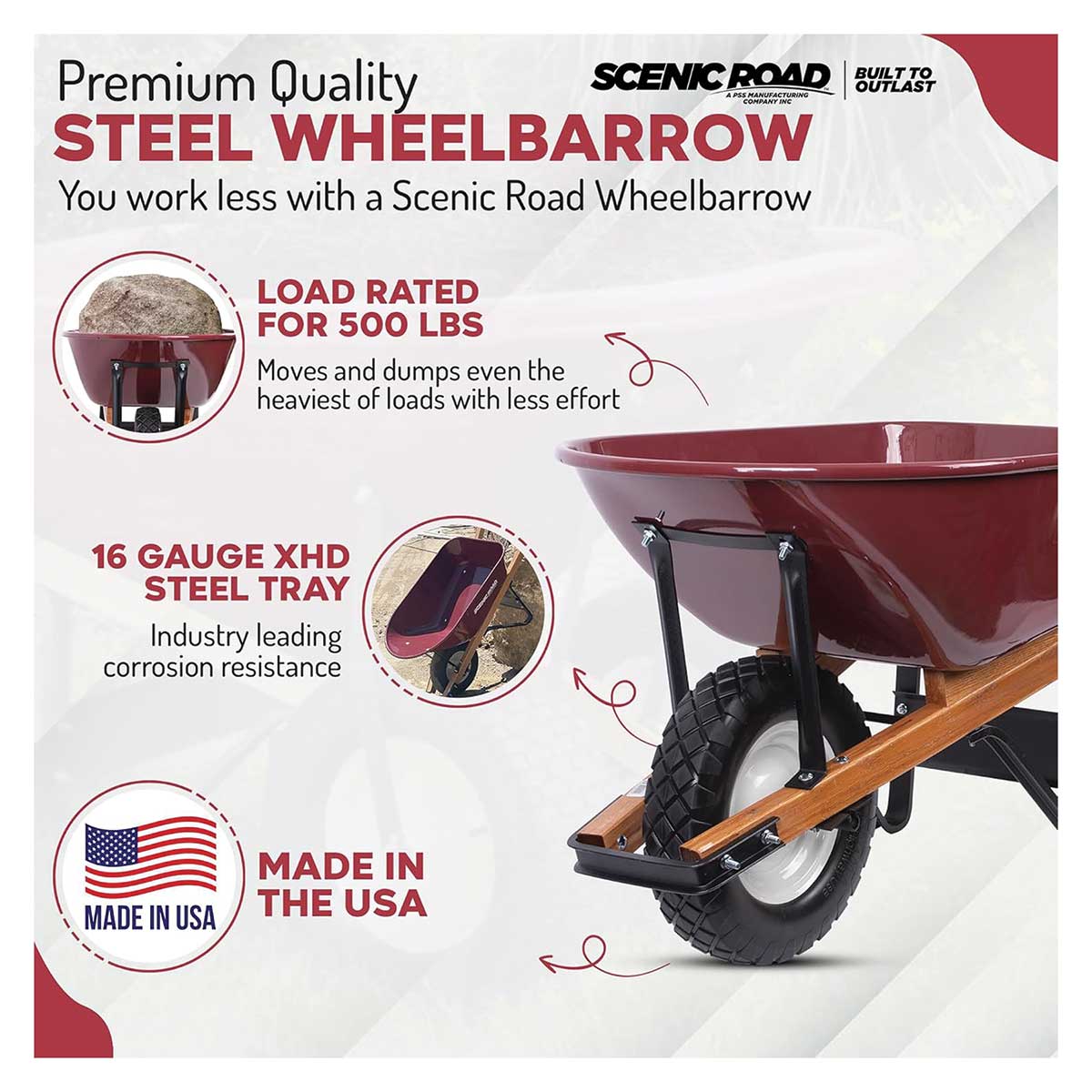 Scenic Road 6 Cu Ft Steel Wheelbarrow with Turf Tire