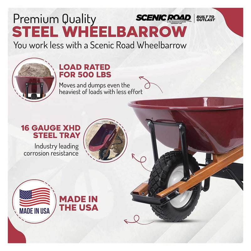 Scenic Road 6 Cu Ft Steel Wheelbarrow with Turf Tire