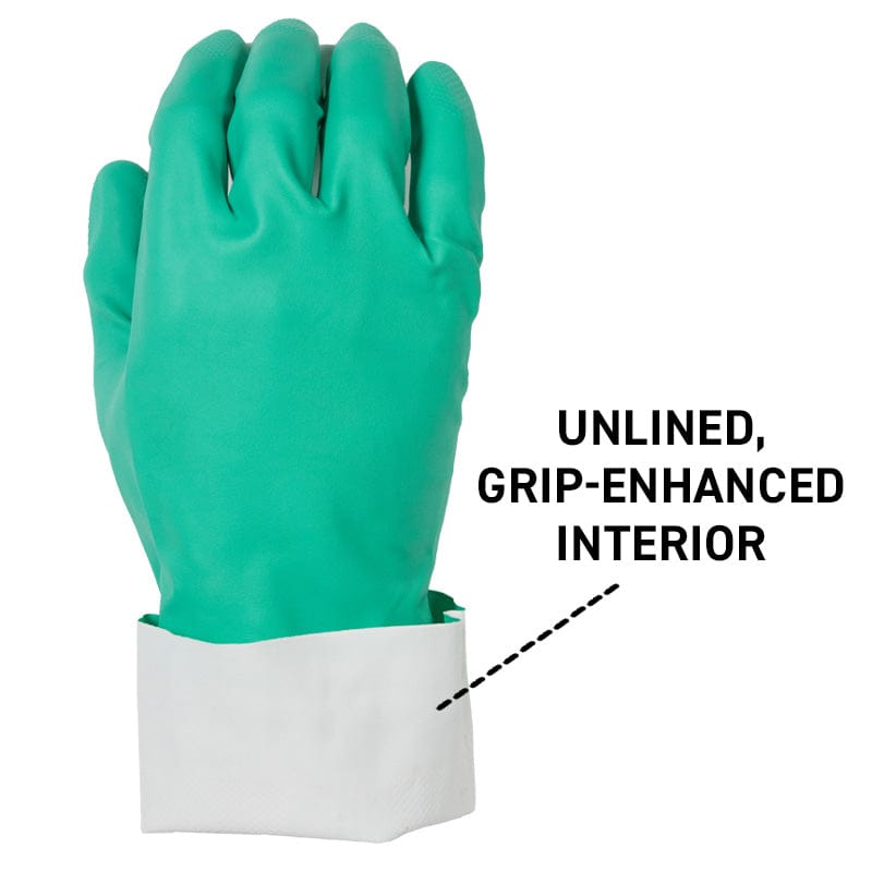 Green glove with white cuff labeled 'Unlined, Grip-Enhanced Interior' on a white background