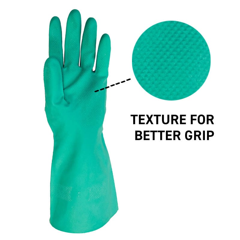 15-mil chemical-resistant nitrile glove with close up image of textured palm for better grip.