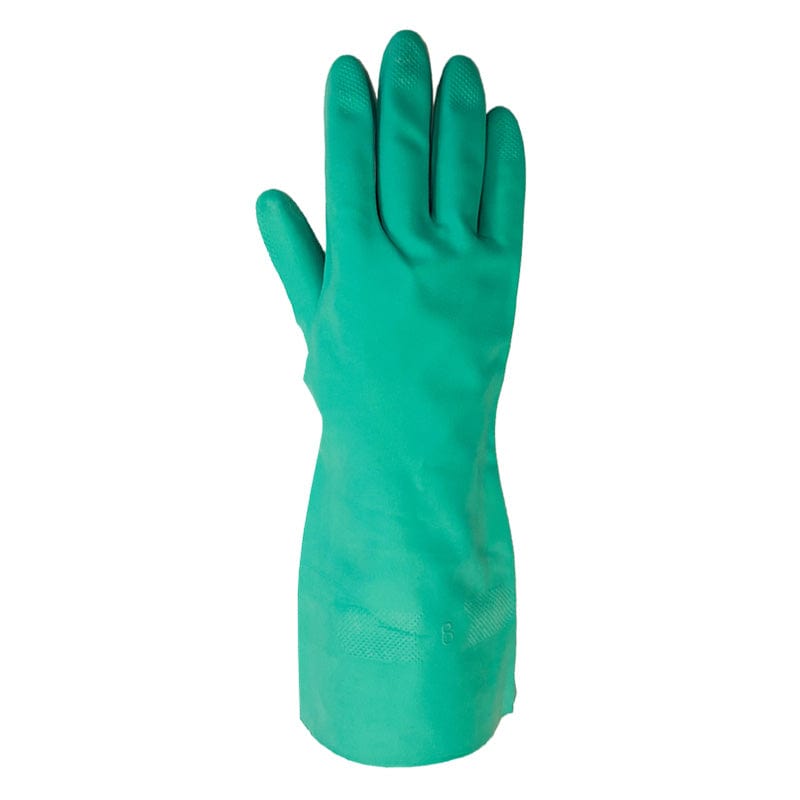 Green rubber glove on a white background