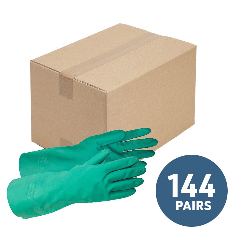 15-mil flock-lined chemical-resistant nitrile gloves. Bulk case for crews. 144 pairs.