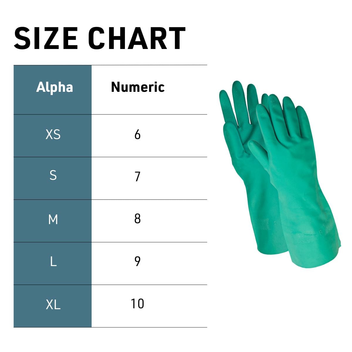 Size chart for gloves with Alpha and Numeric measurements, showing green gloves on a white background.