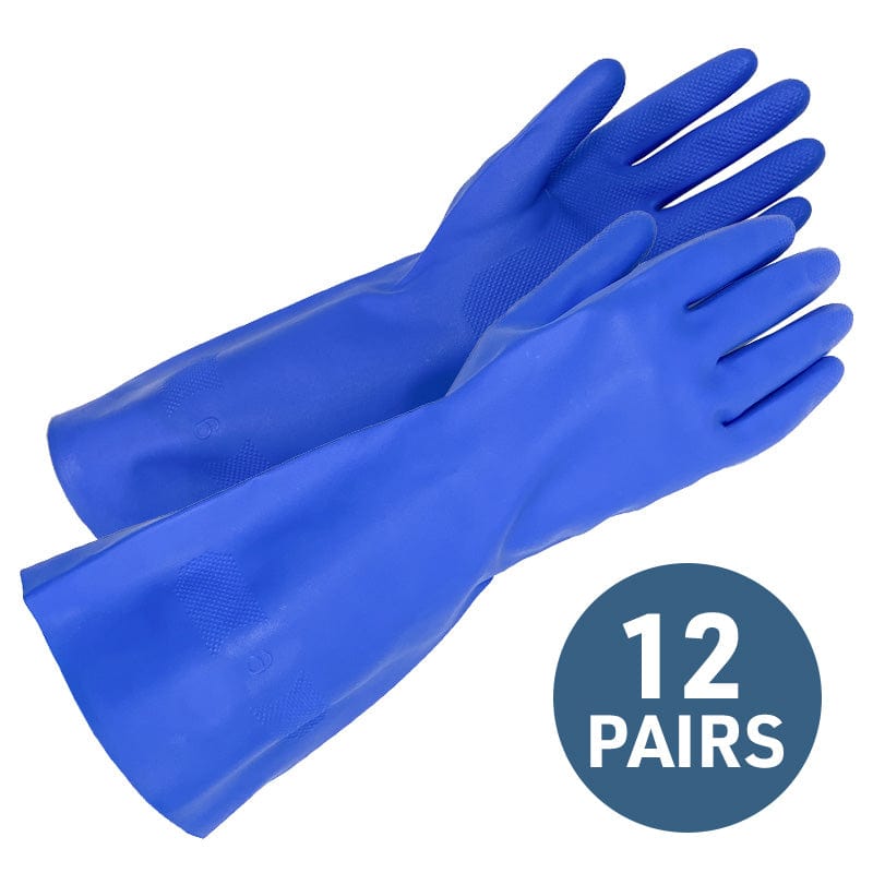 Pair of blue chemical-resistant nitrile gloves, 11-mil thickness. 12 pairs.
