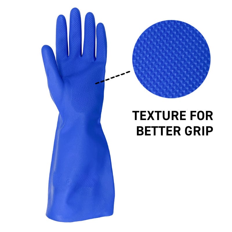 11-mil chemical-resistant nitrile glove with zoomed in look at the textured palm for increased grip.
