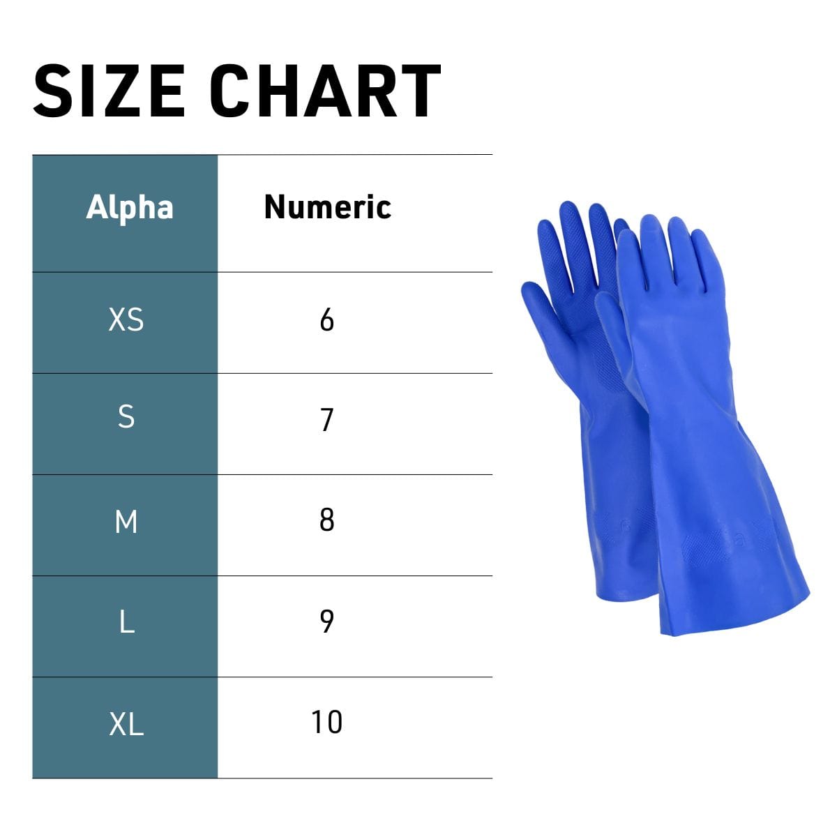 Alpha numeric size chart for blue 11-mil nitrile gloves.