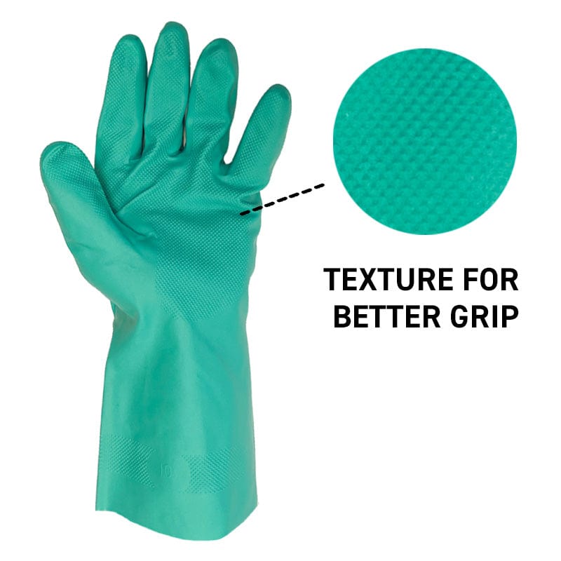 Green 11-mil unlined nitrile gloves with textured grip.